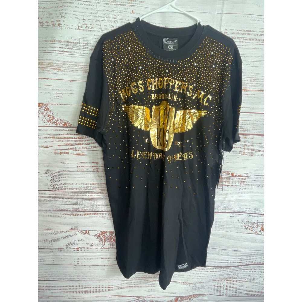 Switch Remarkable Hogs Choppers Legendary Riders '"I Am King" Gold‎ Sequin Shirt